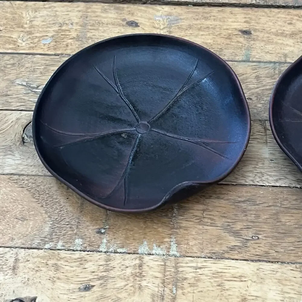 Japanese Pottery Ceramic Tea Cup & Plates 3 Piece Dark Brown Glaze Lotus Leaf